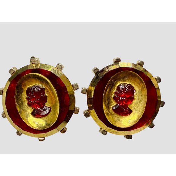 Vintage Red & Gold-Tone Cameo Large Cufflinks Starburst Backplate - Picture 1 of 8